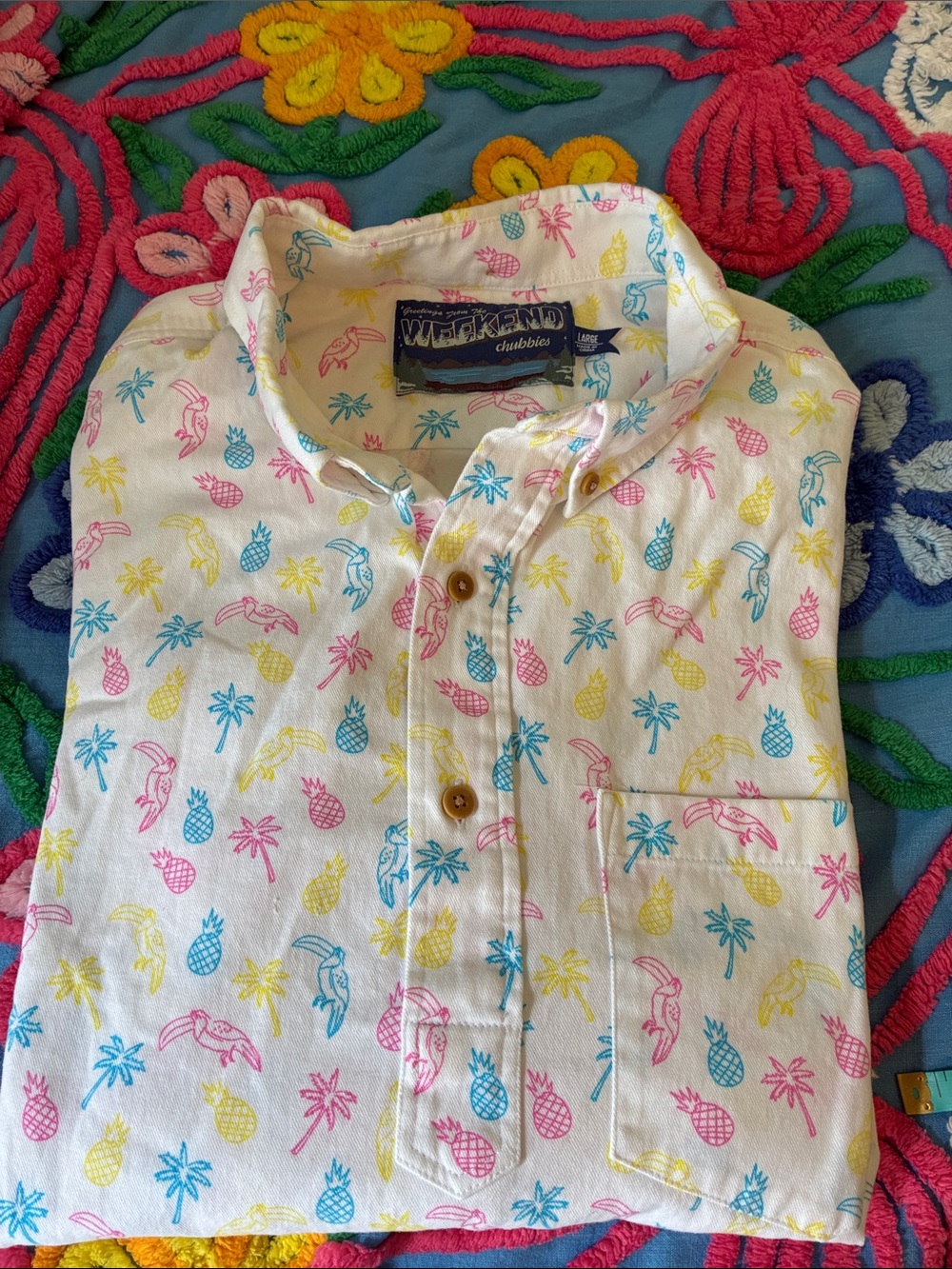 chubbies White Button-Up Shirt with Pink, Blue, and Yellow Tropical Print